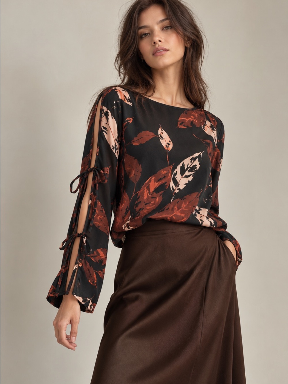 Wilfred Pozzi Blouse Size S Black Red Pink Floral Tie Sleeve
